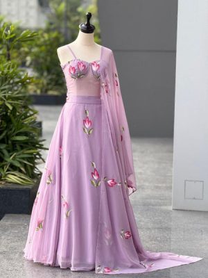 Elegance Lavender Color Hand Painted Corset Pure Georgette Lehenga Set